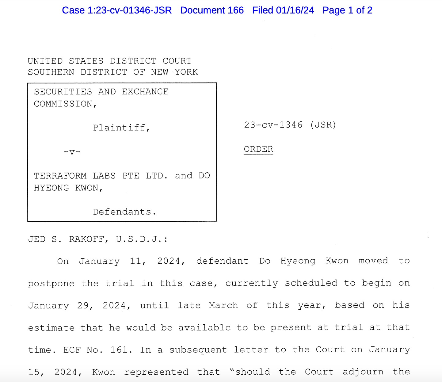 SEC v. Terraform Labs trial pushed to March to potentially accommodate Do Kwon