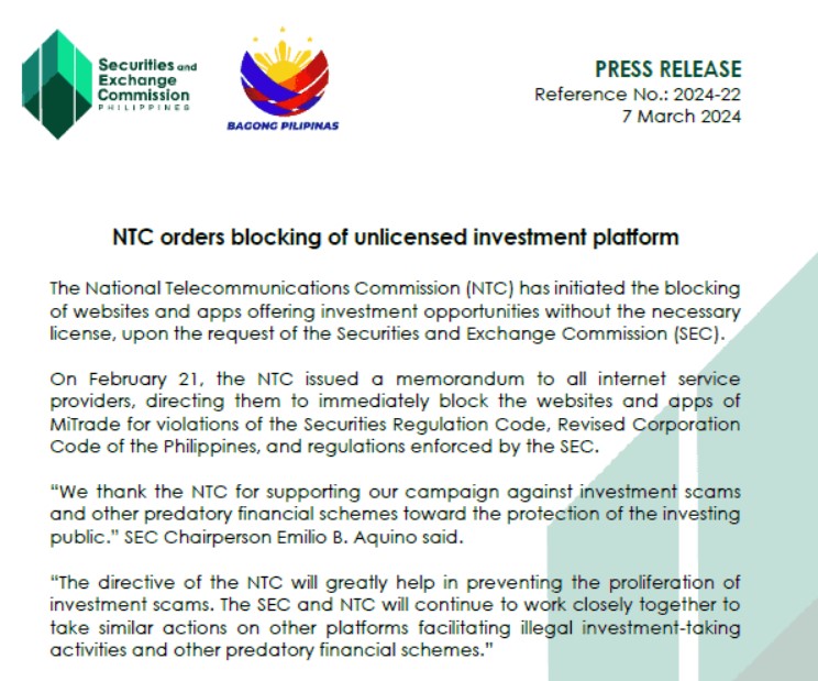 Philippine gov’t blocks unlicensed crypto exchange sites, Binance unaffected