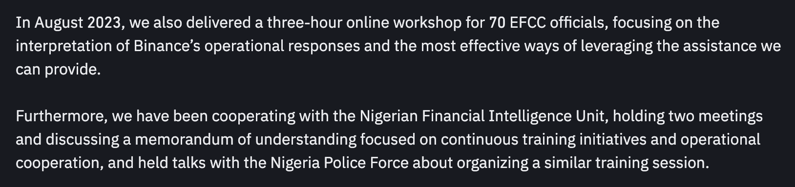 Binance says it trained investigators in Nigeria under government cooperation
