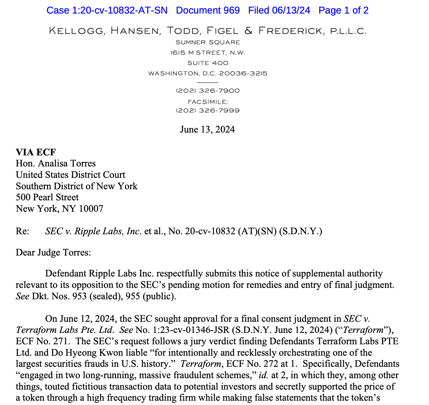 Ripple invokes SEC v. Terraform case, argues for smaller civil penalty