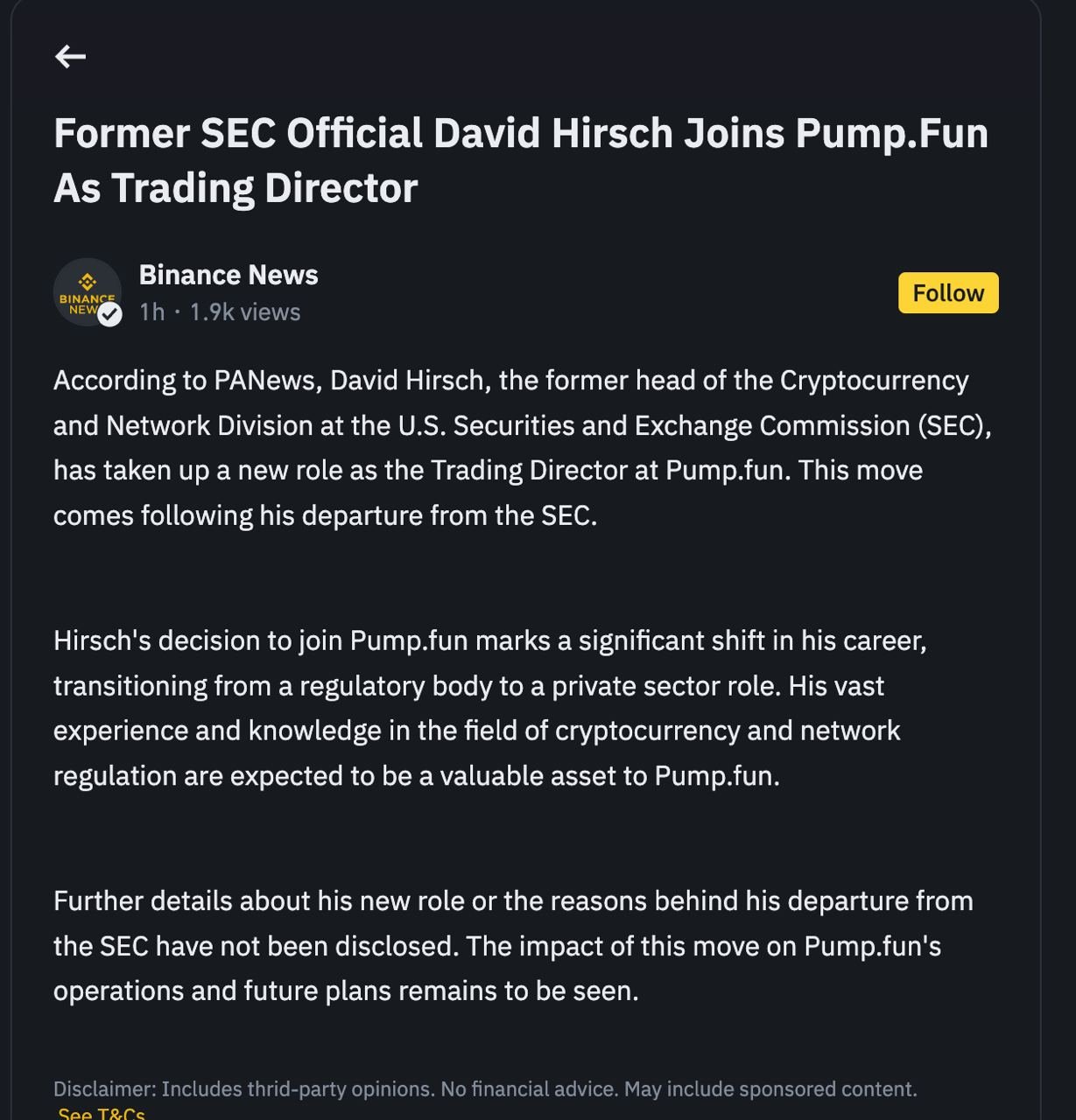 Former SEC official David Hirsch says he is not joining Pump.fun