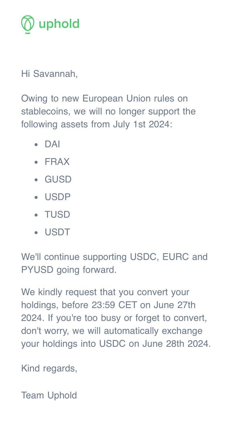 Uphold to delist USDT and 5 stablecoins by July 1, citing MiCA