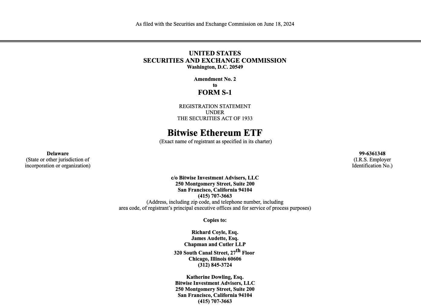 Bitwise amended Ethereum ETF filing says Pantera interested in $100M buy