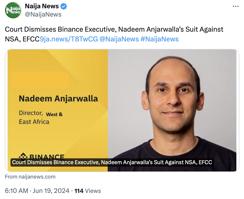 Nigerian High Court dismisses Binance exec’s suit over detention
