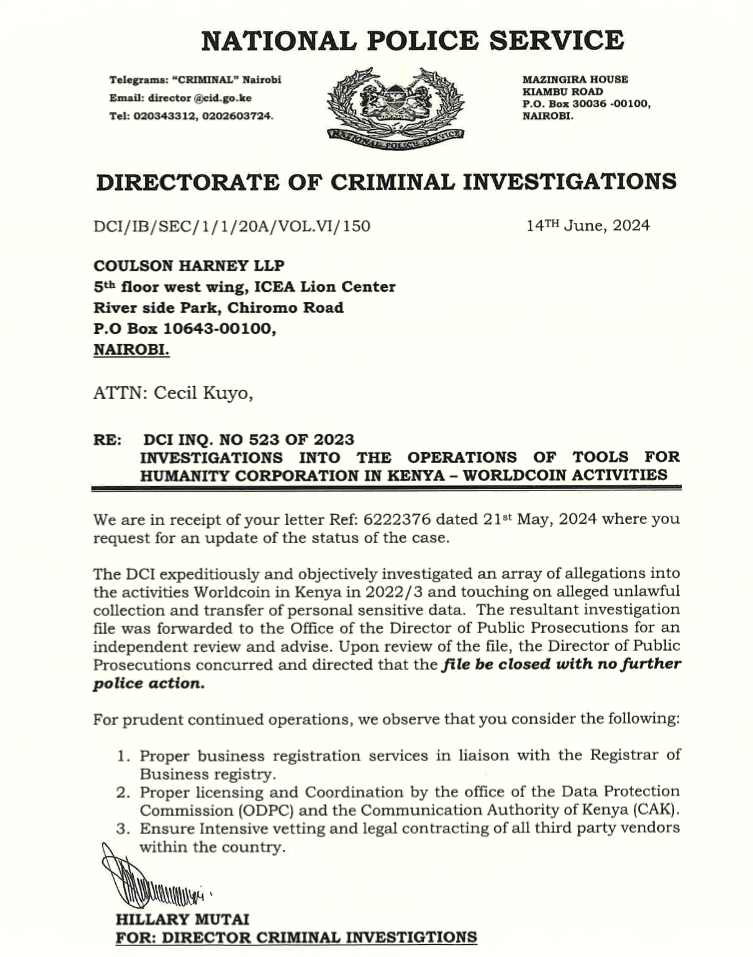 Kenya drops Worldcoin probe — ‘No further police action’