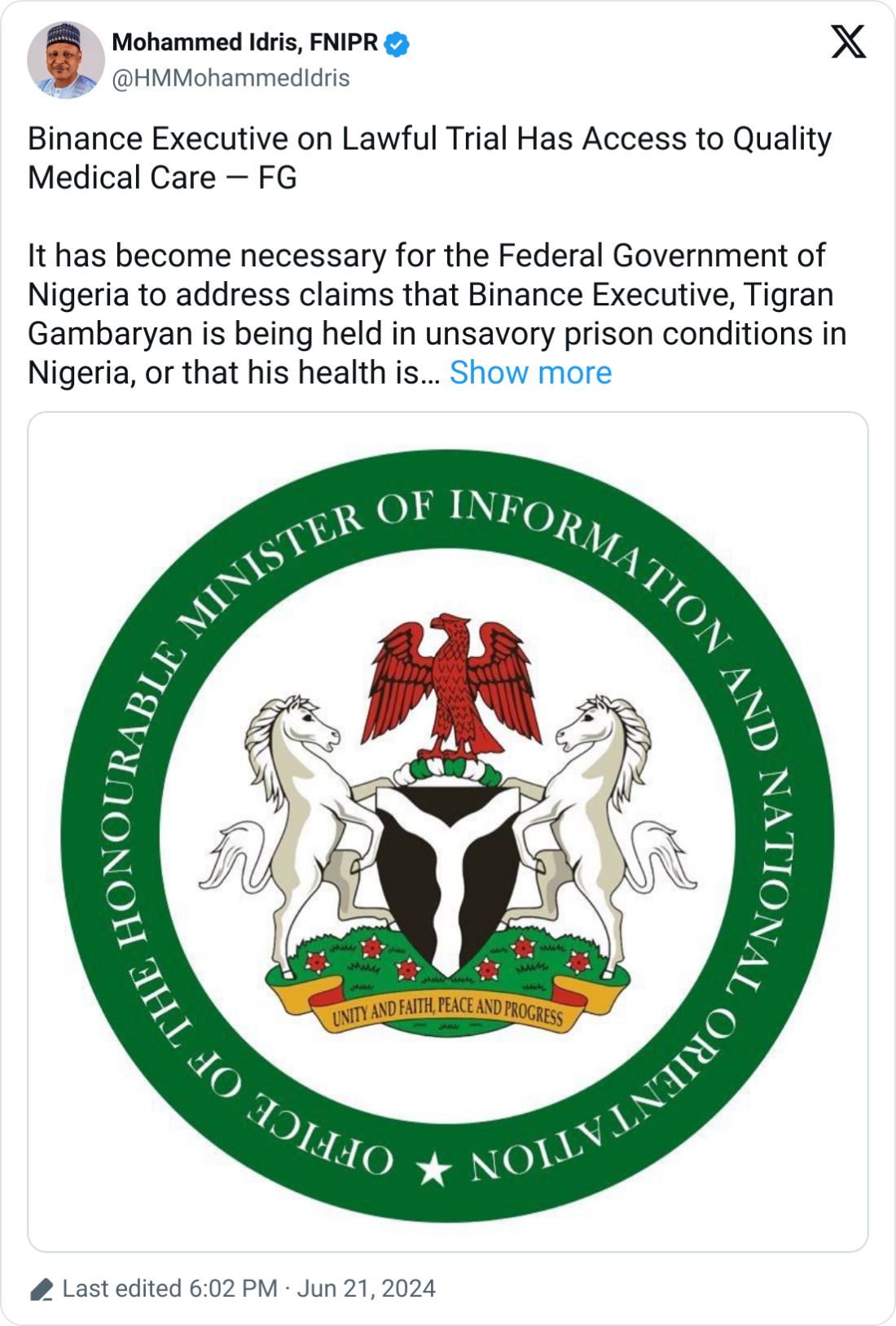 Nigeria rejects claims of poor prison conditions, health for Binance exec