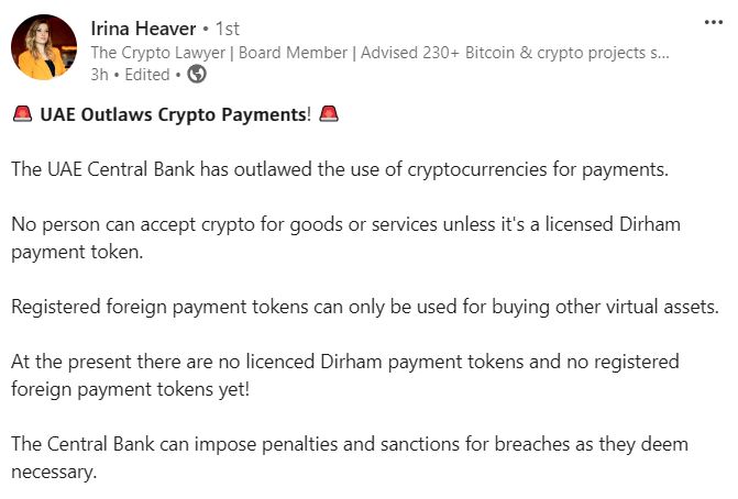 UAE regulations may lead to crypto payment ban, warns lawyer