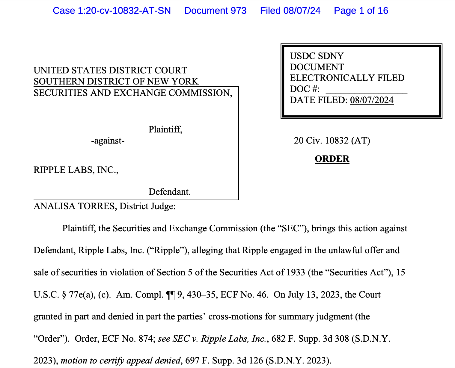 Judge finds Ripple Labs liable for $125M penalty in SEC case