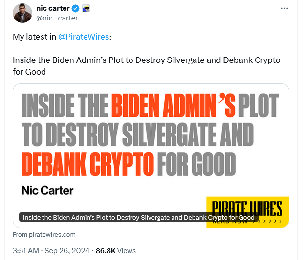 Biden admin deliberately killed off Silvergate to ‘decapitate’ crypto — Nic Carter