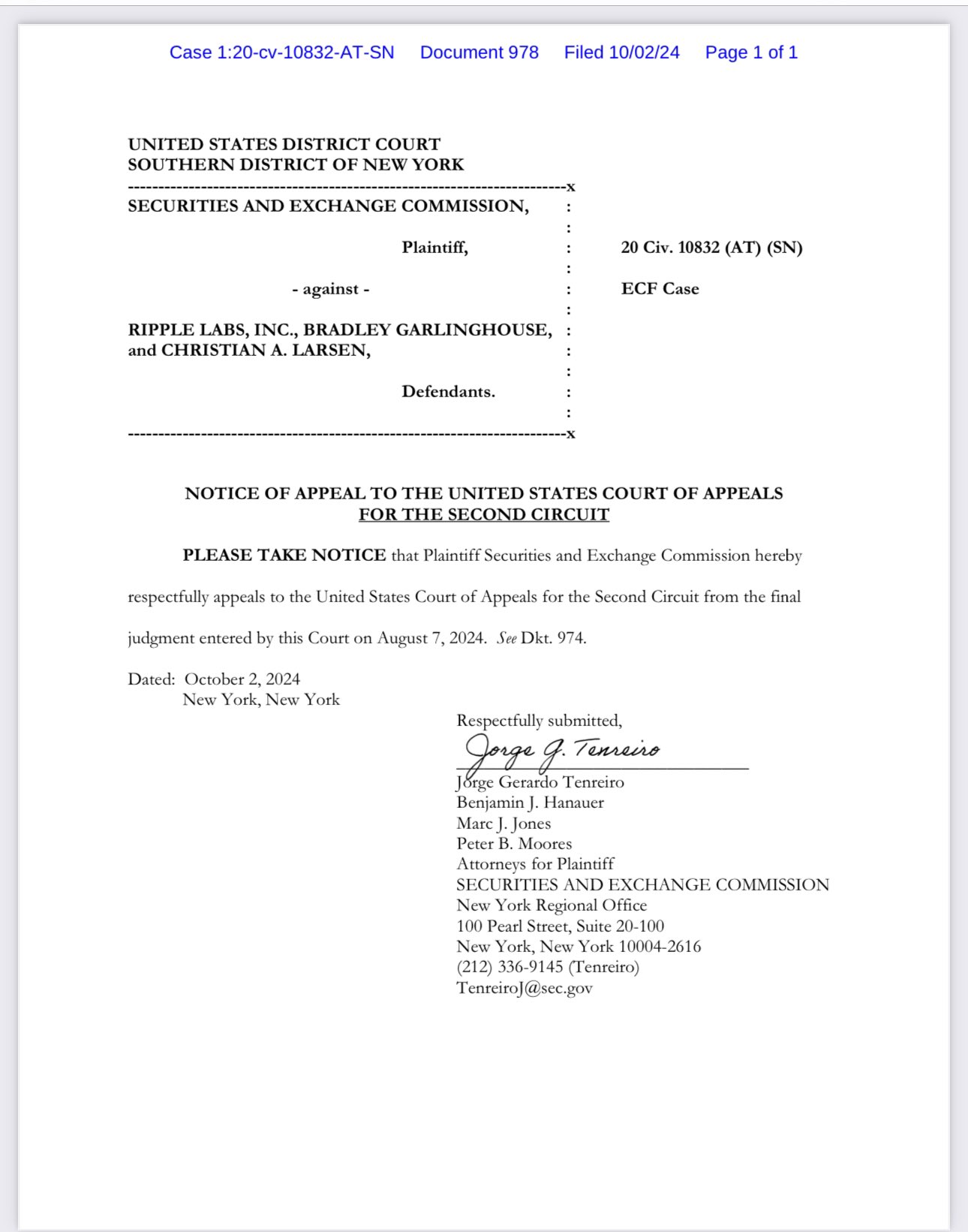 SEC files appeal in Ripple lawsuit