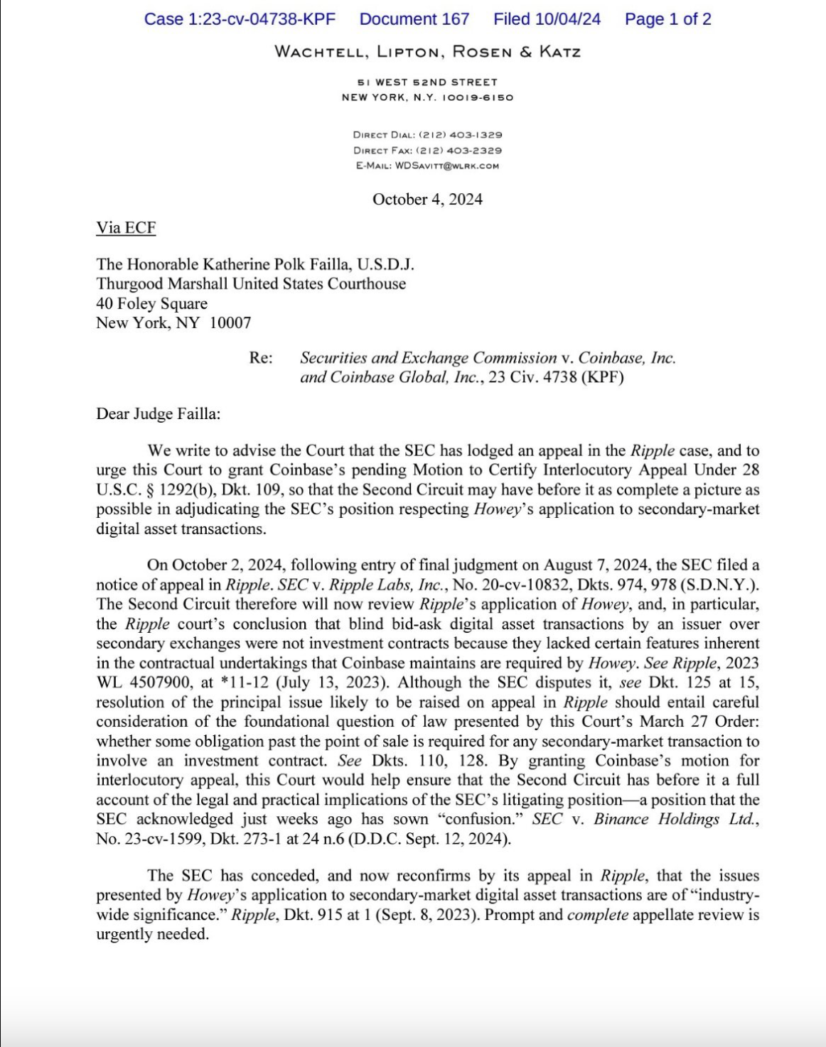 Coinbase urges court to reconsider appeal, cites SEC vs Ripple