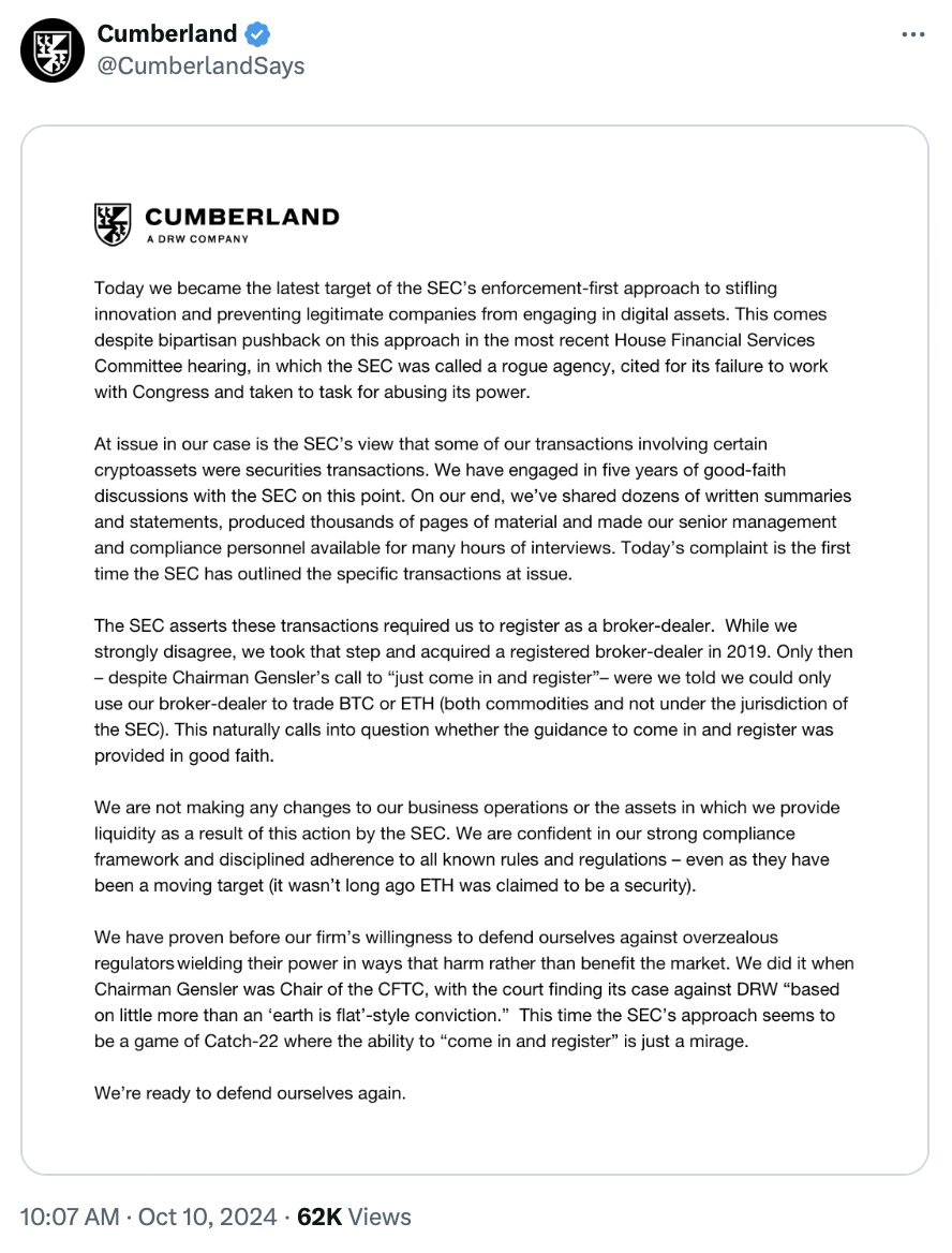 SEC sues Cumberland DRW for unregistered crypto dealer activities