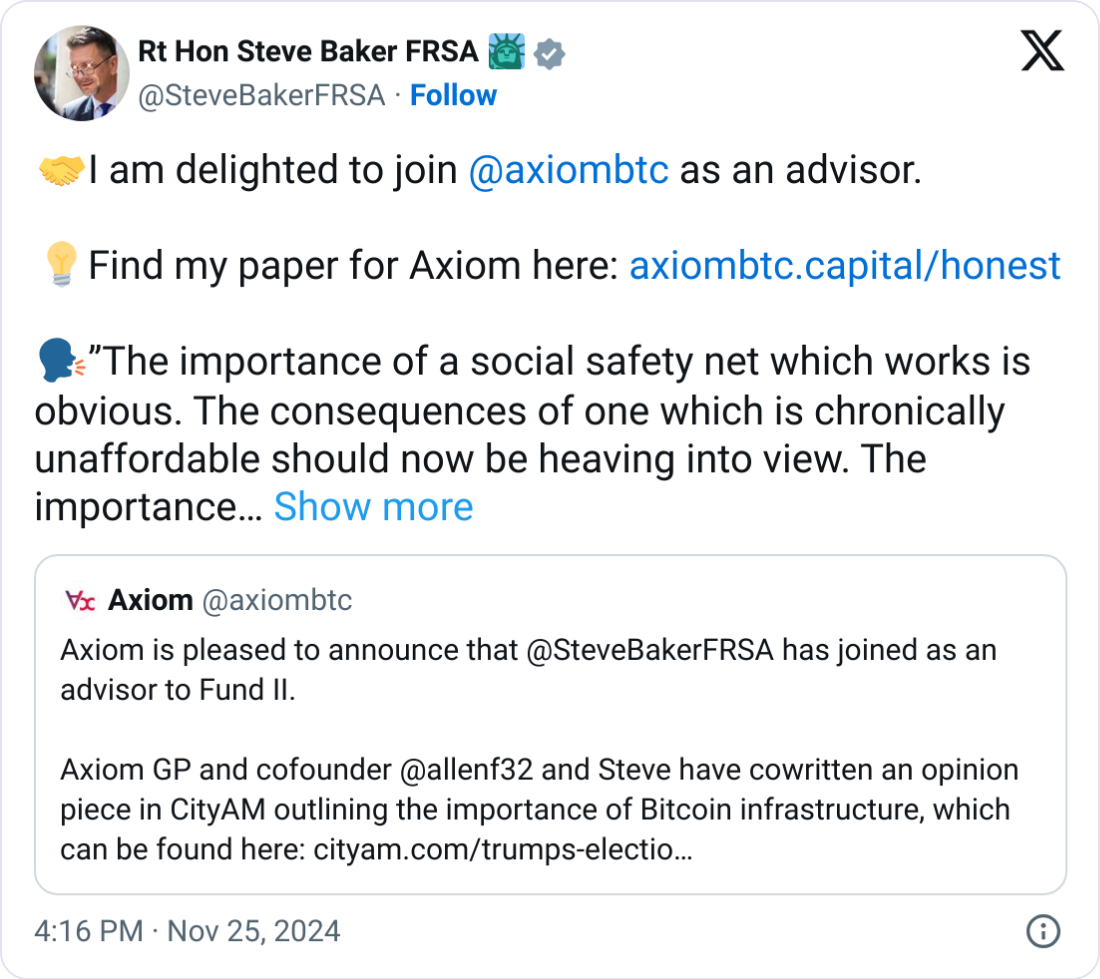 Bitcoin venture capital firm Axiom hires ex-UK minister