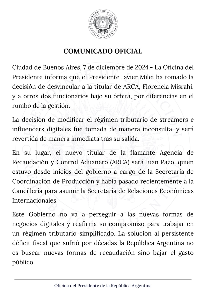 Argentina’s Milei fires tax agency head over controversial tax on streamers