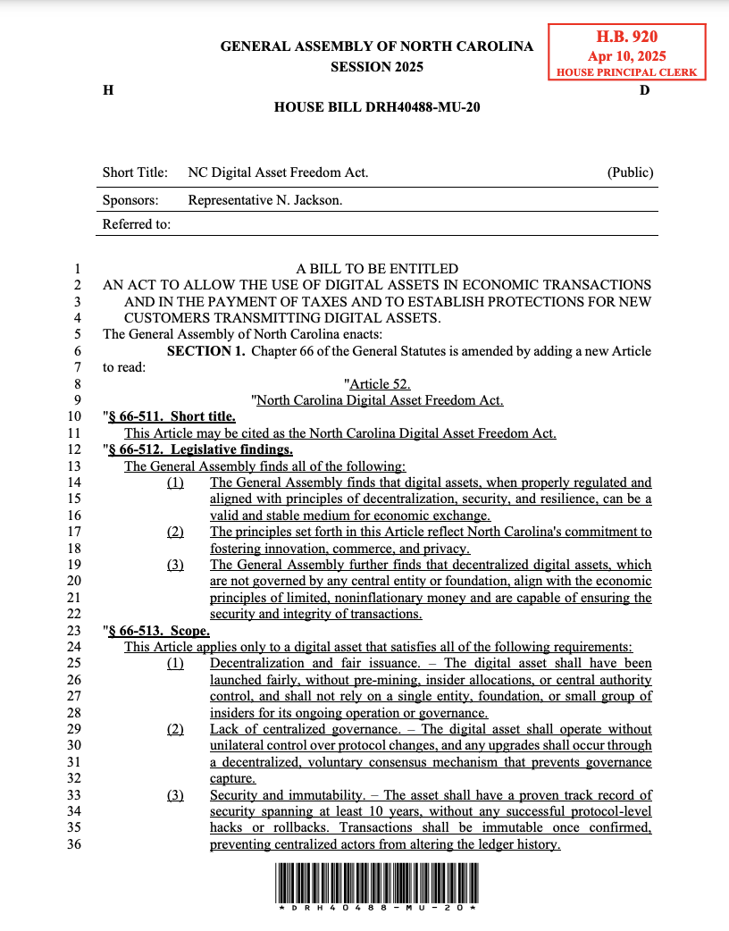 North Carolina lawmaker introduces Digital Asset Freedom Act