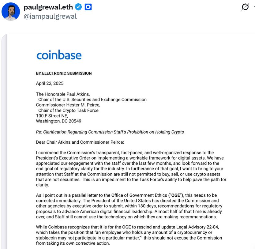Coinbase presses to axe rule banning SEC staff from holding crypto