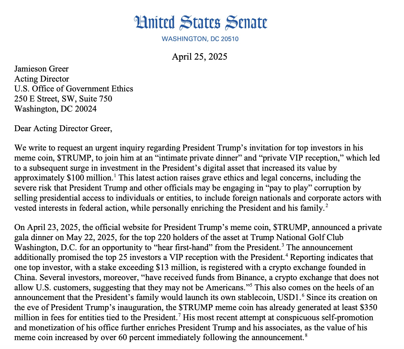 US senators press for answers on Trump's crypto interests