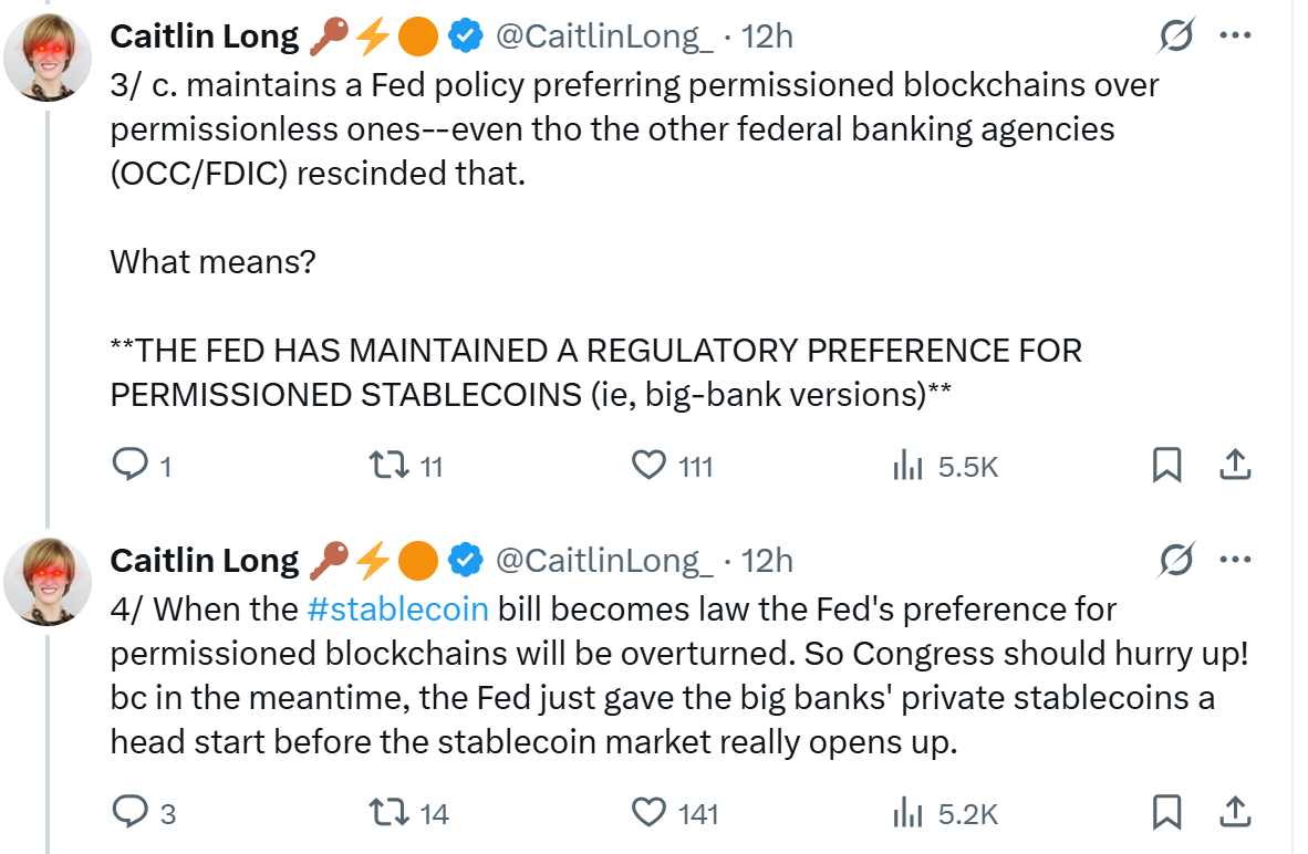 Caitlin Long slams US Fed over stablecoin policy favoring big banks