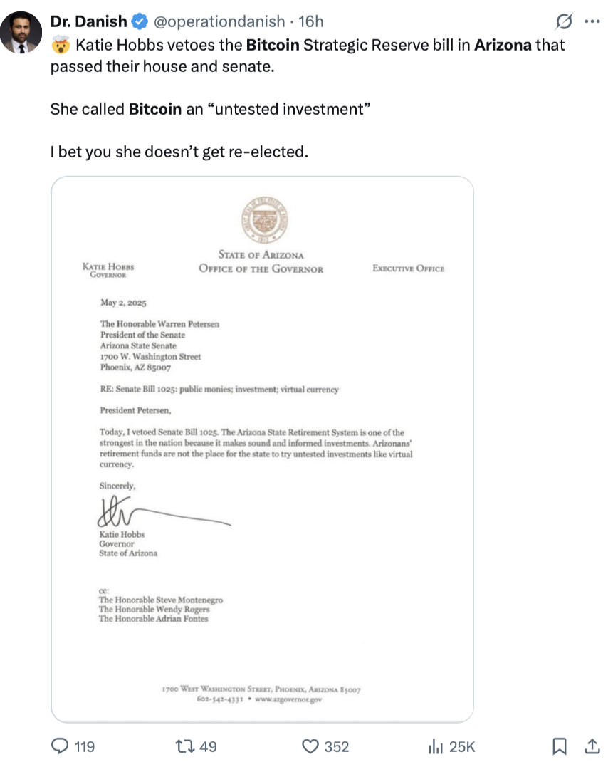 Bitcoiners blast Arizona governor’s ‘ignorance’ after Bitcoin bill veto