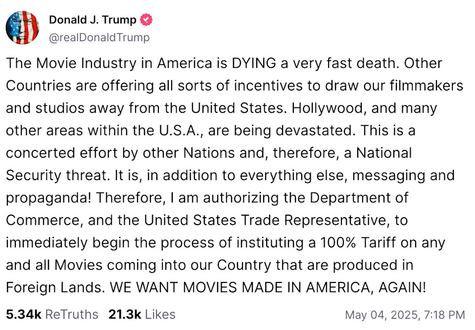 Netflix, Warner Bros. stocks slide as Trump threatens 100% tariff on foreign-made films