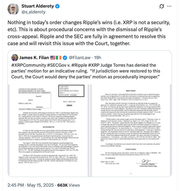 Ripple: Judge's settlement rejection has no effect on legal victory