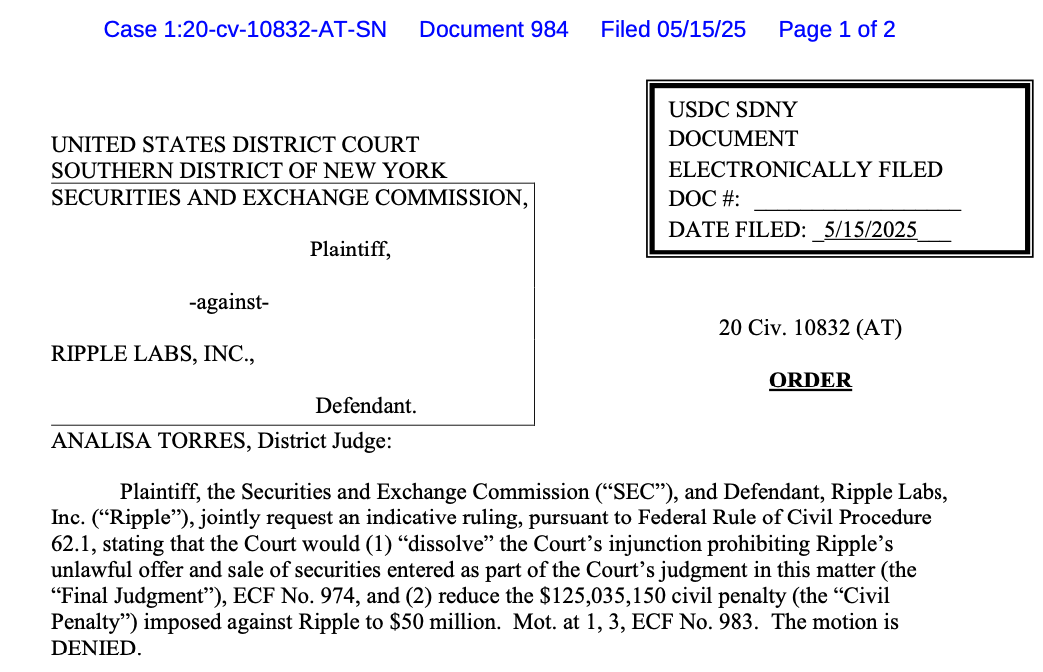 Ripple: Judge's settlement rejection has no effect on legal victory