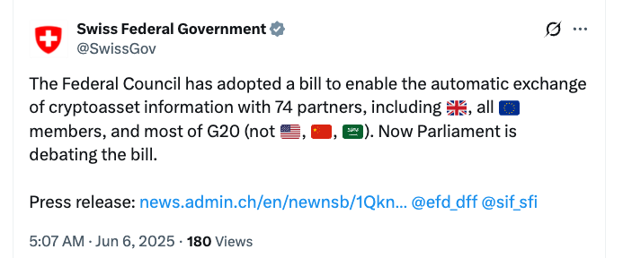 Switzerland greenlights sharing crypto tax info with 74 nations