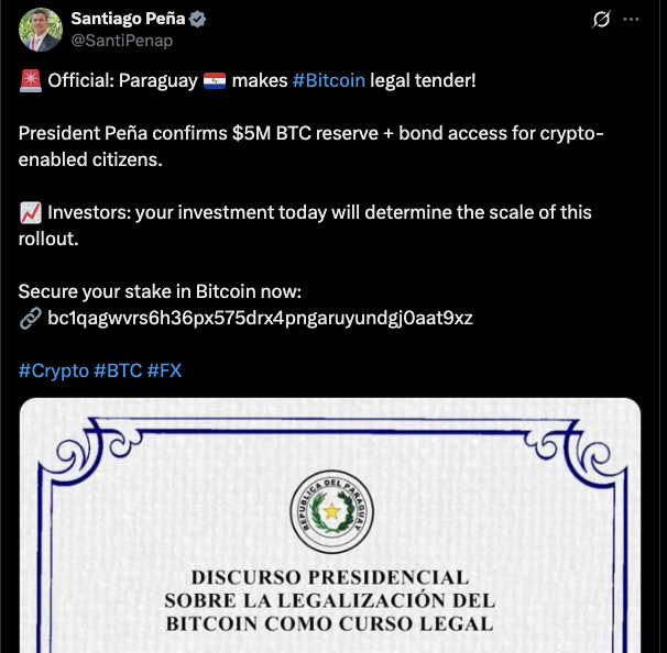 Paraguay warns of ‘irregular activity’ after post claiming BTC is legal tender