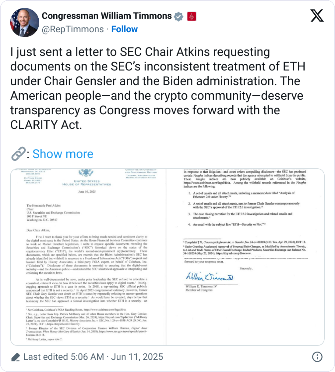 Rep. Timmons asks SEC for docs on agency’s past approach to Ethereum