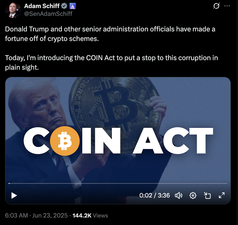 Democratic senator introduces bill to address Trump’s crypto ties